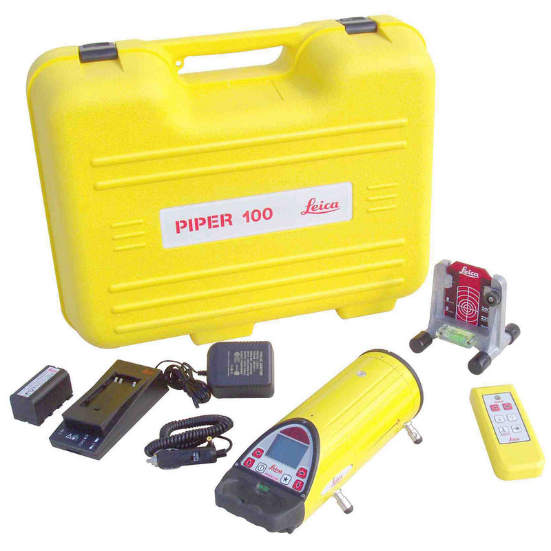 Leica Piper 100 Pipe Laser full kit including carry case, pipe laser, target, controller, battery and charger.